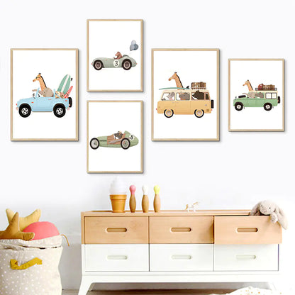 Animal Car Travel Nursery Wall Art Canvas Painting