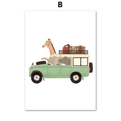 Animal Car Travel Nursery Wall Art Canvas Painting