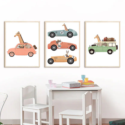 Animal Car Travel Nursery Wall Art Canvas Painting