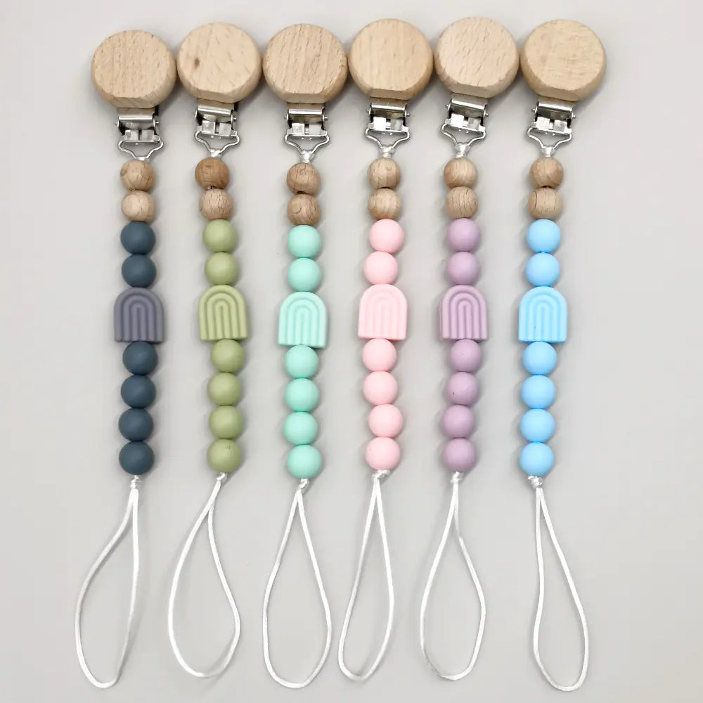 Rainbow Baby Pacifier Clip with Beech Beads and Silicone