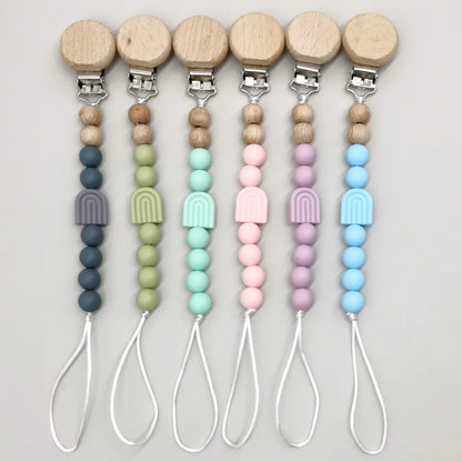 Rainbow Baby Pacifier Clip with Beech Beads and Silicone