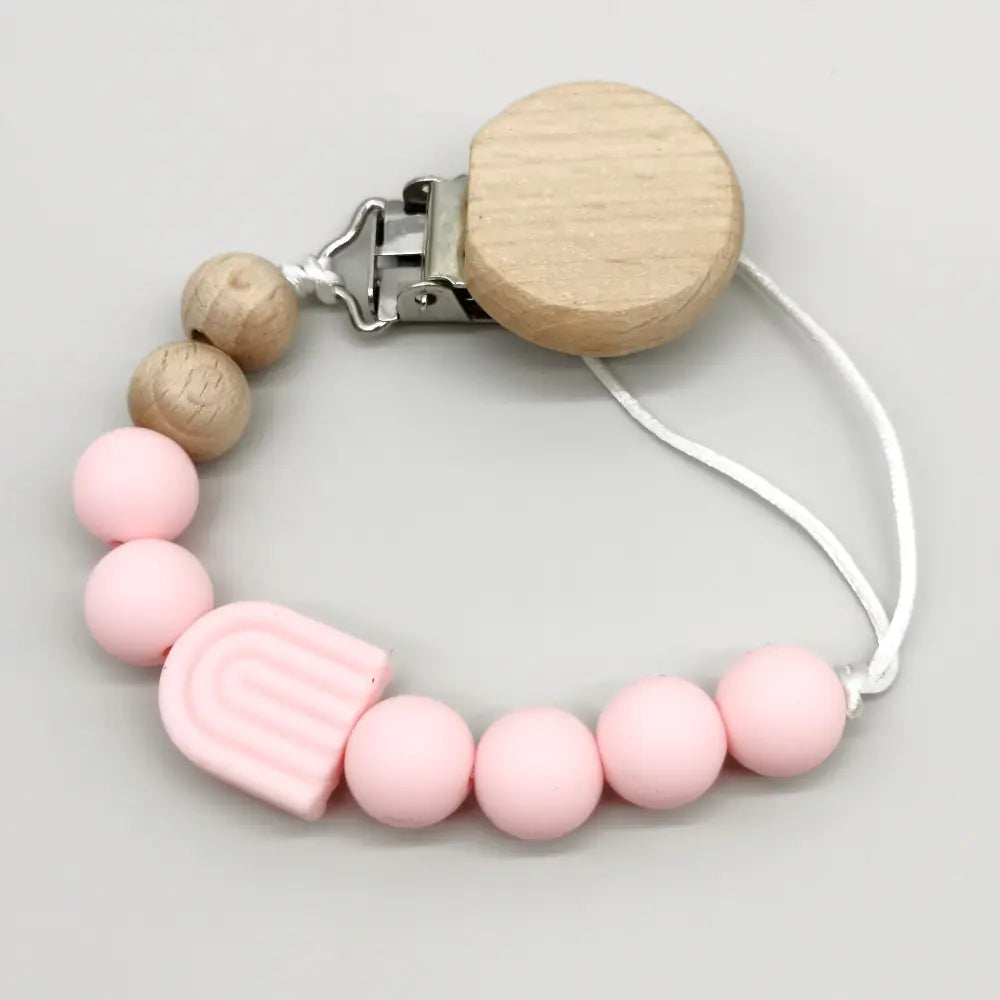 Rainbow Baby Pacifier Clip with Beech Beads and Silicone