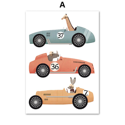 Animal Car Travel Nursery Wall Art Canvas Painting