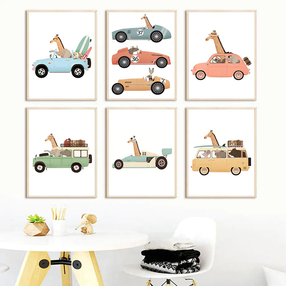 Animal Car Travel Nursery Wall Art Canvas Painting